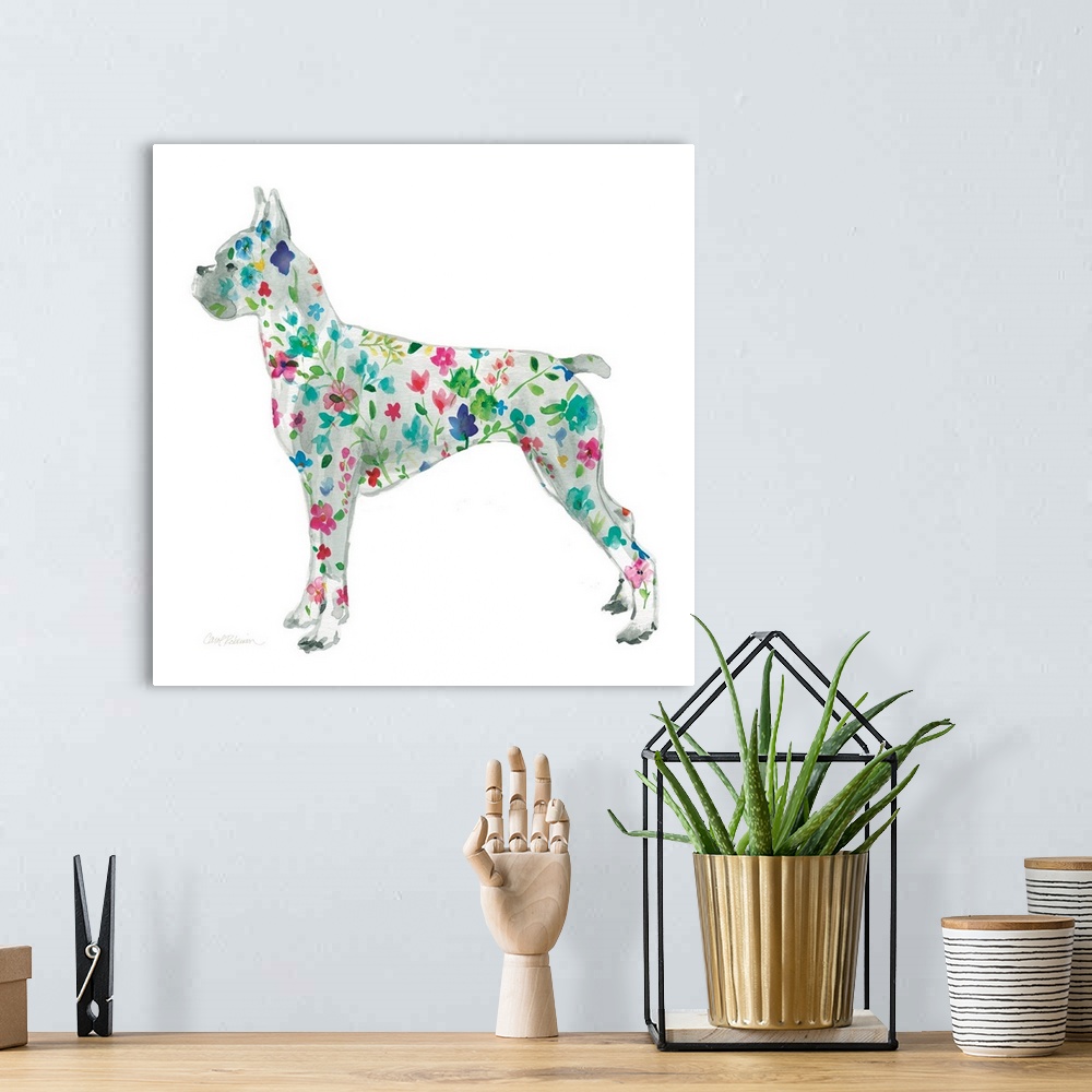 A bohemian room featuring A watercolor painting of a Boxer with a bright and colorful floral pattern.