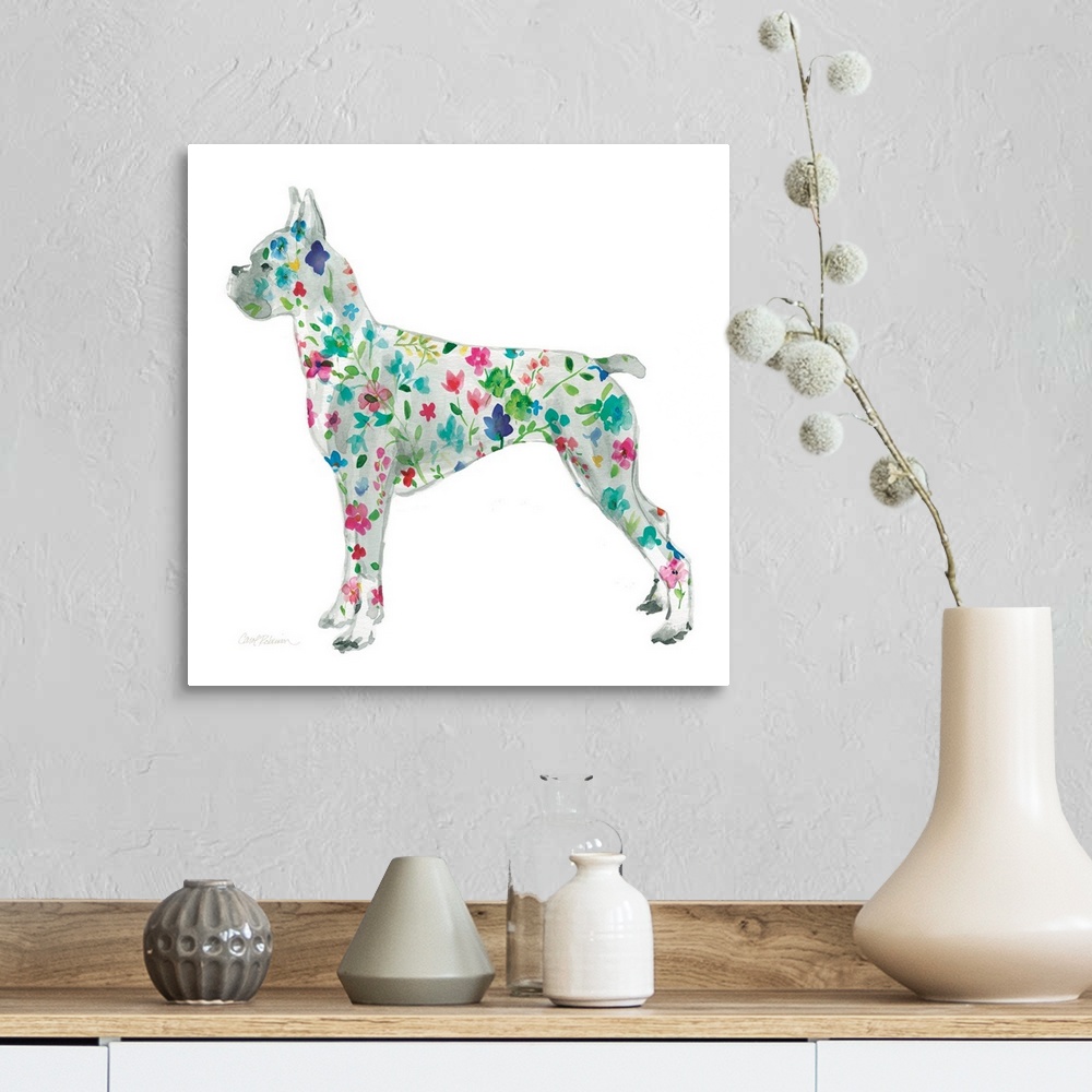 A farmhouse room featuring A watercolor painting of a Boxer with a bright and colorful floral pattern.