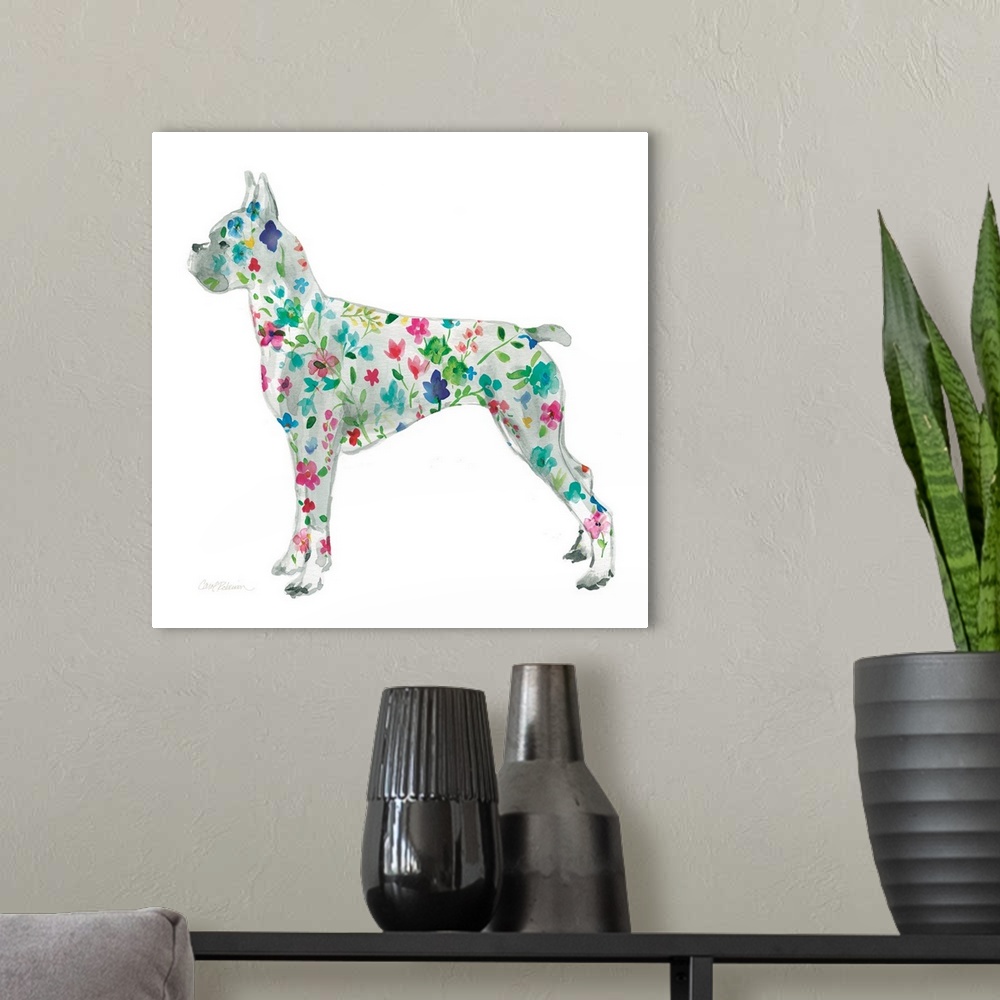 A modern room featuring A watercolor painting of a Boxer with a bright and colorful floral pattern.