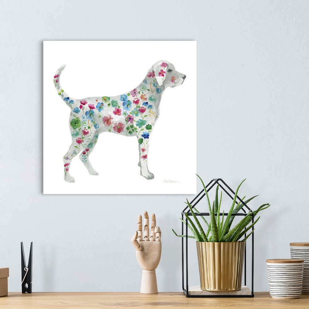 A bohemian room featuring A watercolor painting of a Labrador with a bright and colorful floral pattern.