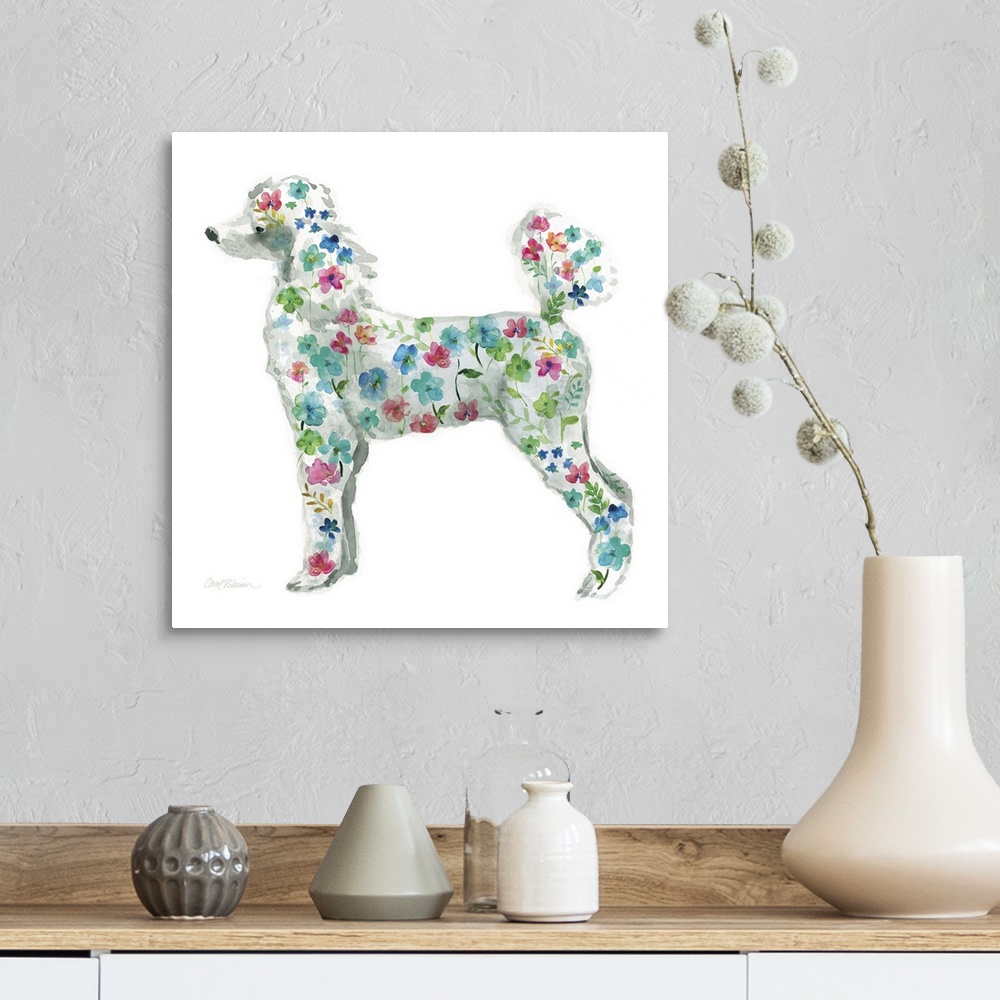 A farmhouse room featuring A watercolor painting of a Poodle with a bright and colorful floral pattern.