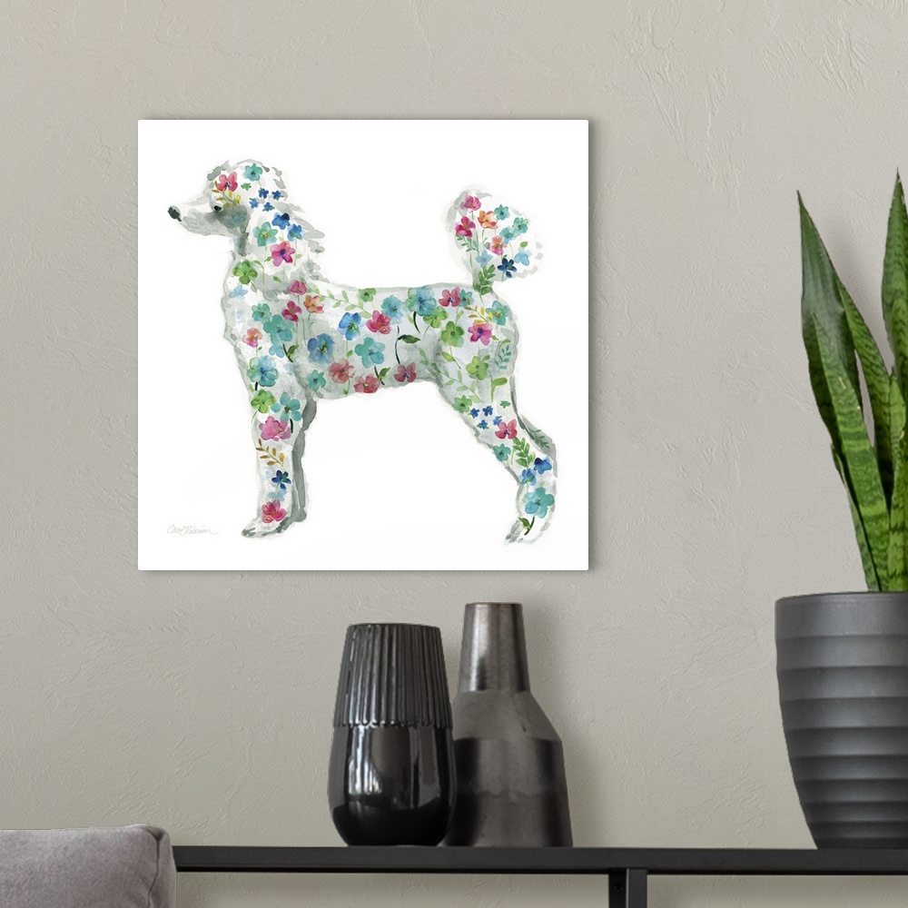 A modern room featuring A watercolor painting of a Poodle with a bright and colorful floral pattern.