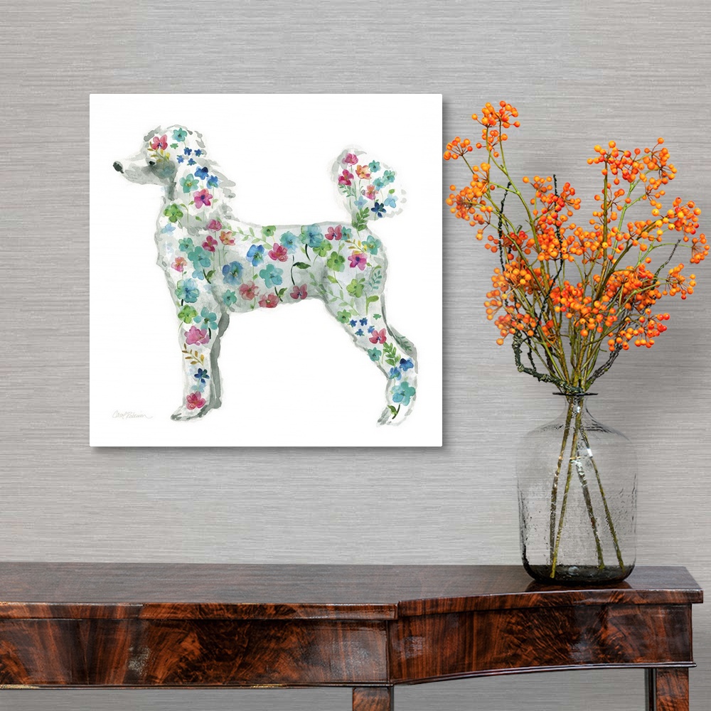 A traditional room featuring A watercolor painting of a Poodle with a bright and colorful floral pattern.