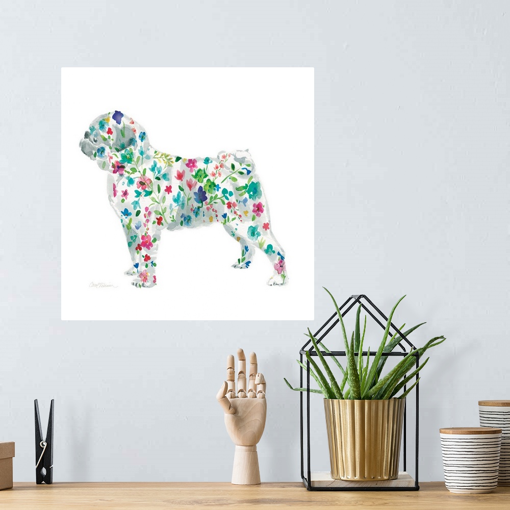 A bohemian room featuring A watercolor painting of a Pug with a bright and colorful floral pattern.