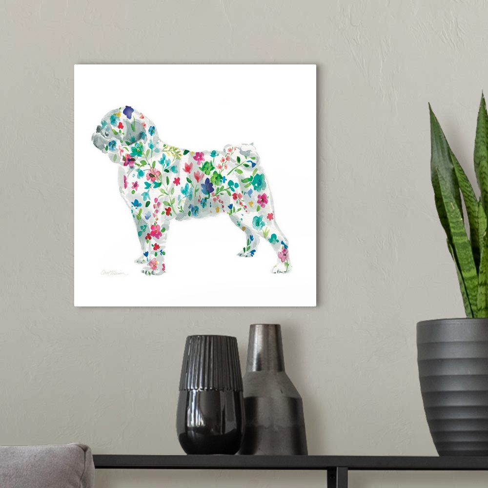 A modern room featuring A watercolor painting of a Pug with a bright and colorful floral pattern.