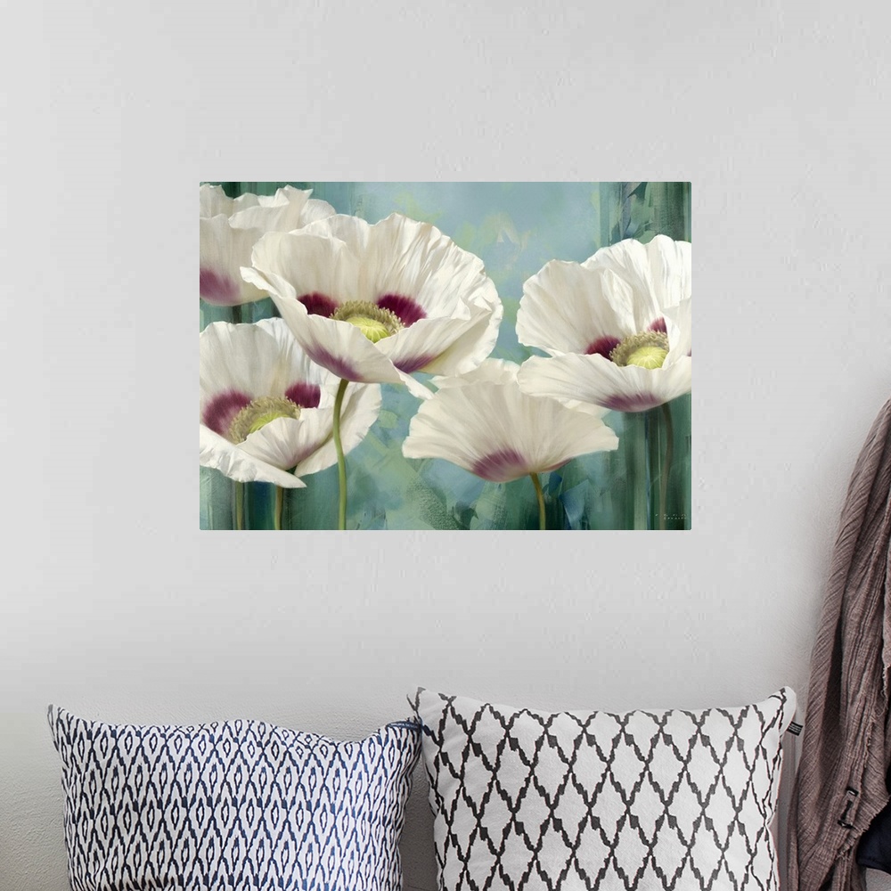 A bohemian room featuring Contemporary painting of flower blossoms on an abstract background.