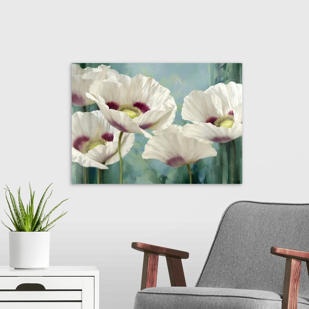 A modern room featuring Contemporary painting of flower blossoms on an abstract background.