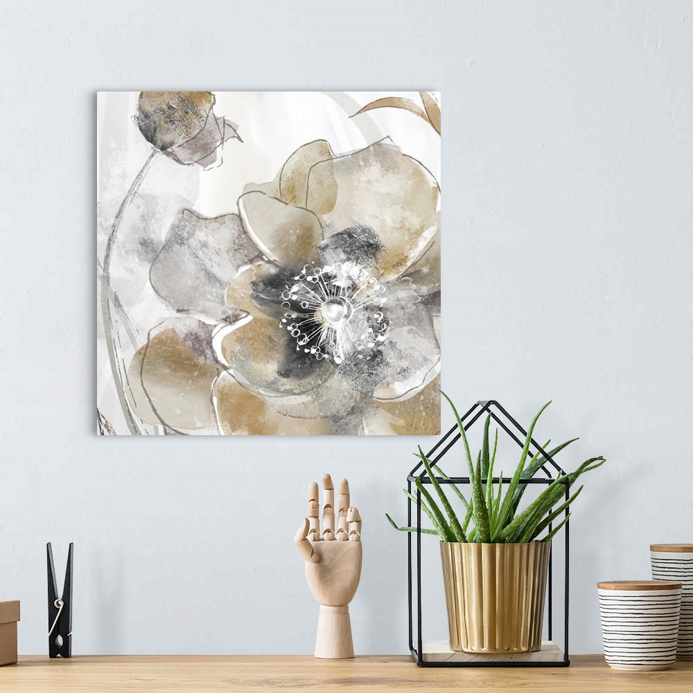 A bohemian room featuring Square painting of poppy flowers in shades of gold and silver with white highlights.