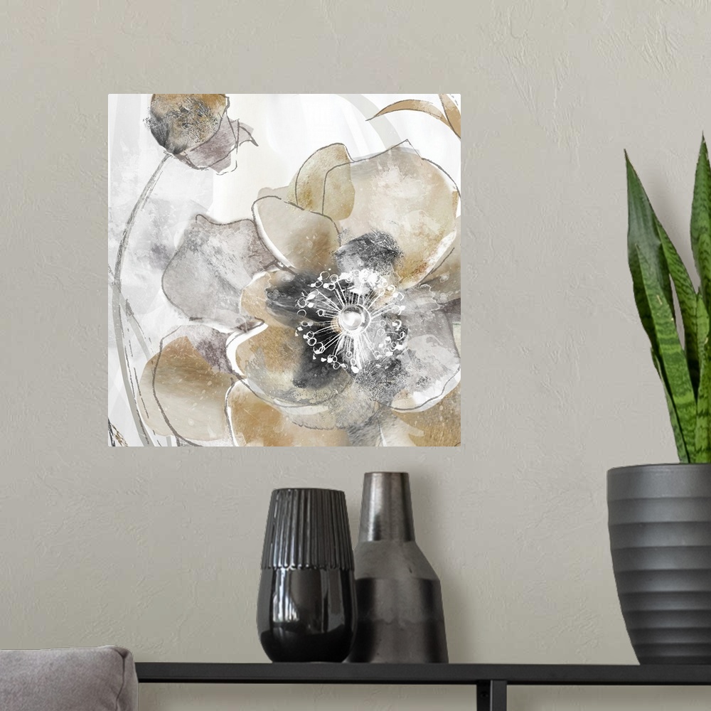 A modern room featuring Square painting of poppy flowers in shades of gold and silver with white highlights.