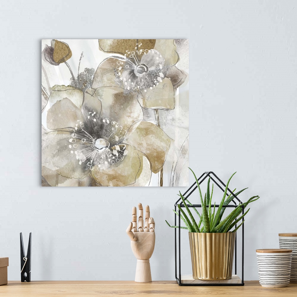 A bohemian room featuring Square painting of poppy flowers in shades of gold and silver with white highlights.