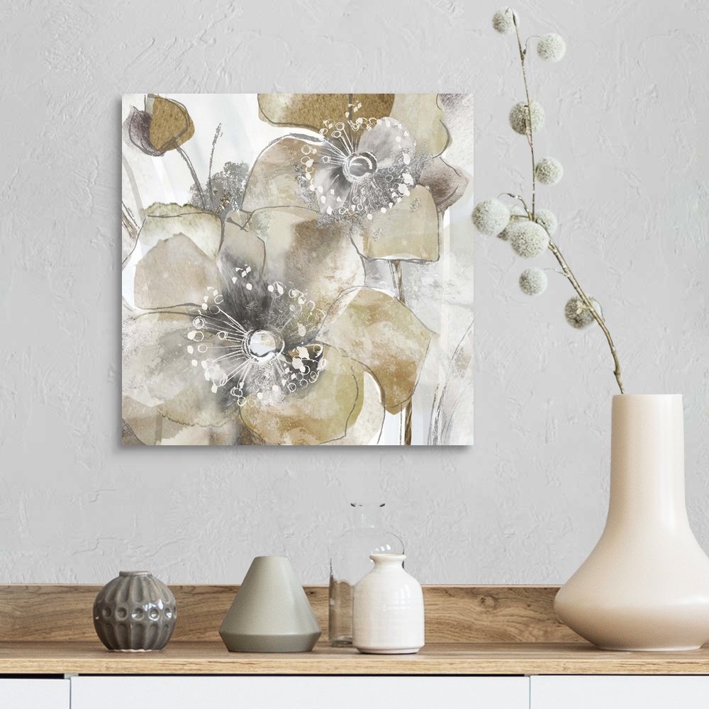 A farmhouse room featuring Square painting of poppy flowers in shades of gold and silver with white highlights.
