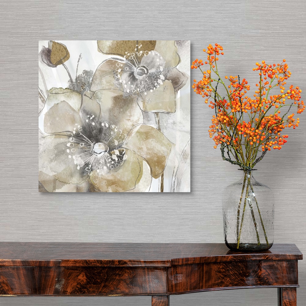 A traditional room featuring Square painting of poppy flowers in shades of gold and silver with white highlights.