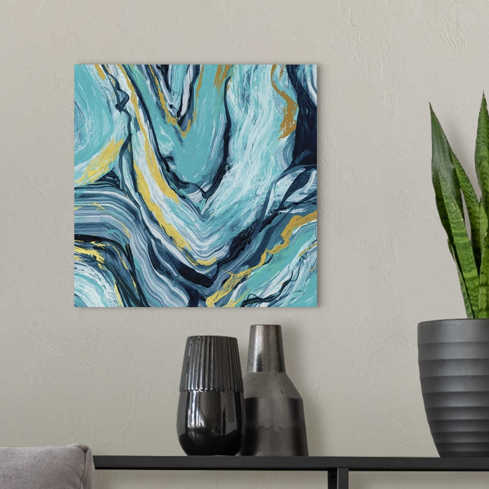 A modern room featuring Abstract art of teal, blue, and gold agate.