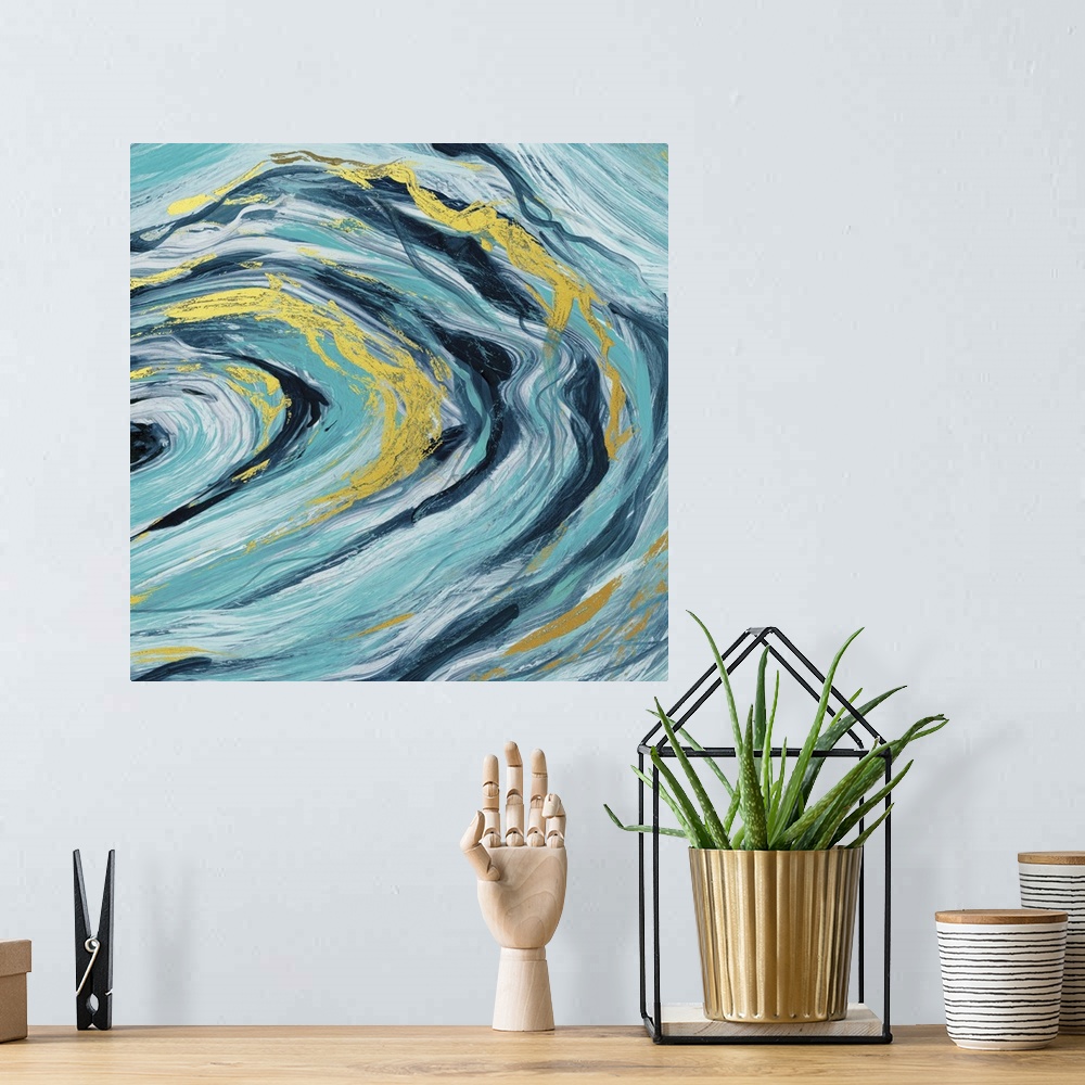 A bohemian room featuring Abstract art of teal, blue, and gold agate.
