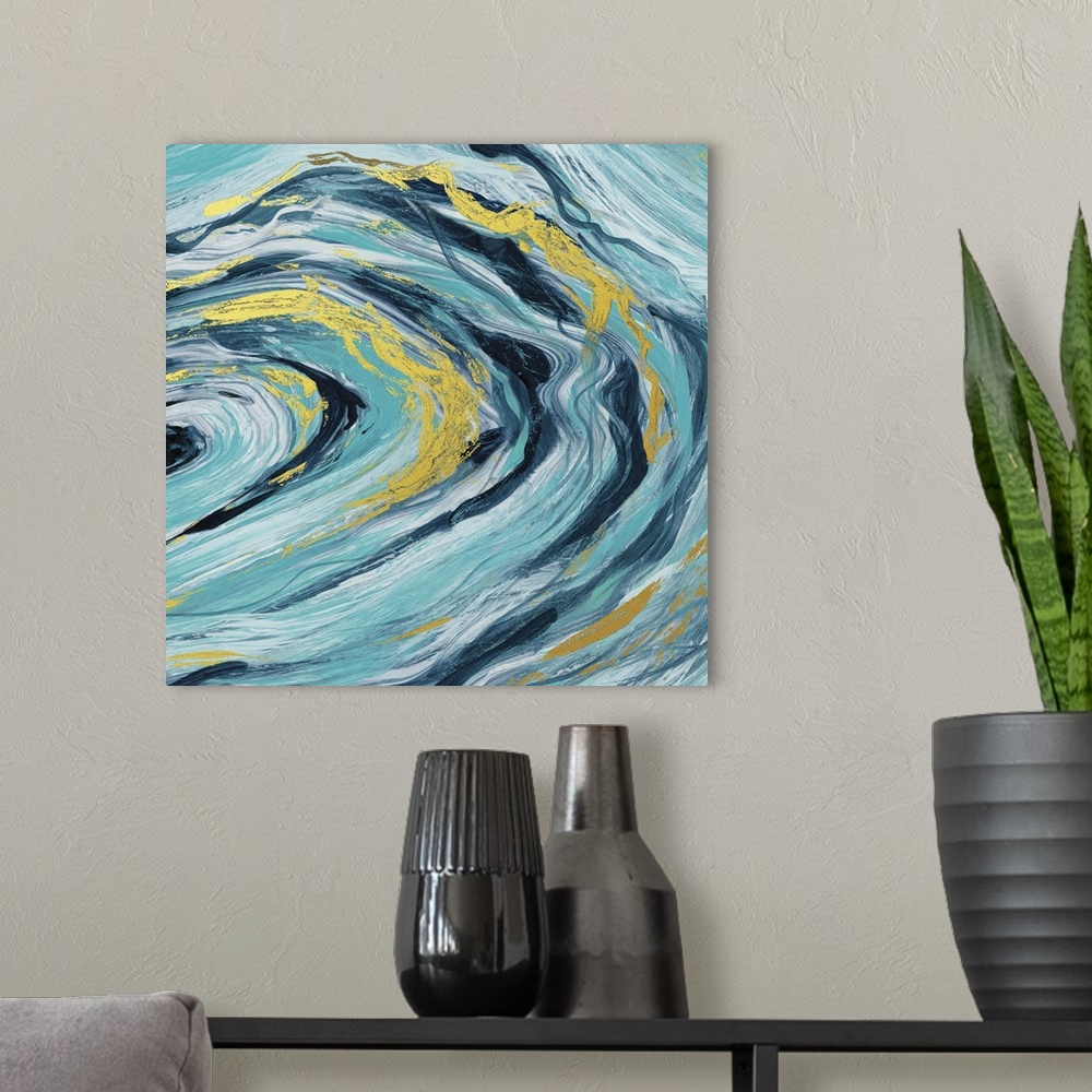 A modern room featuring Abstract art of teal, blue, and gold agate.