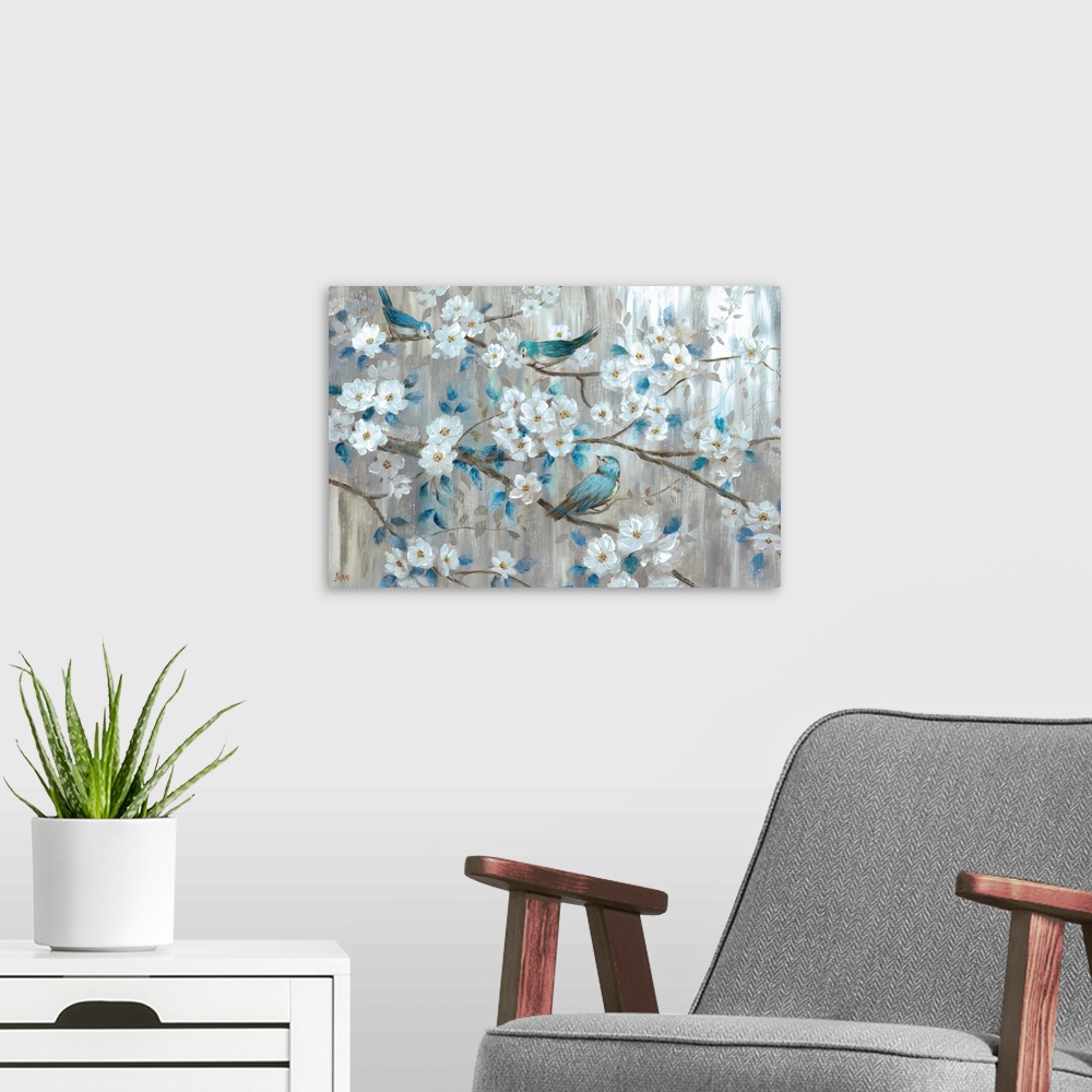 A modern room featuring A sweet scene of three blue birds sitting among the branches of a tree laden with white blossoms....