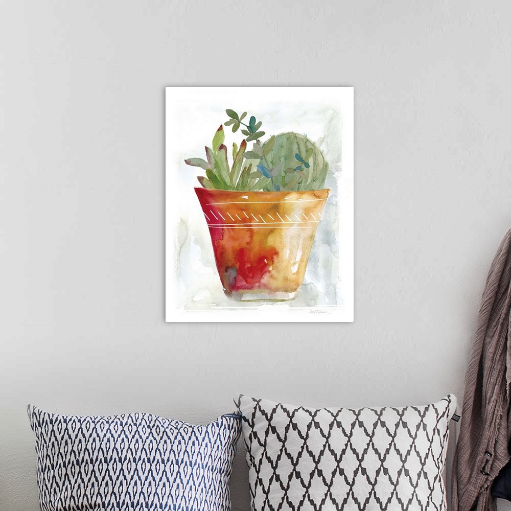A bohemian room featuring A watercolor painting of a cactus in a terracotta pot.