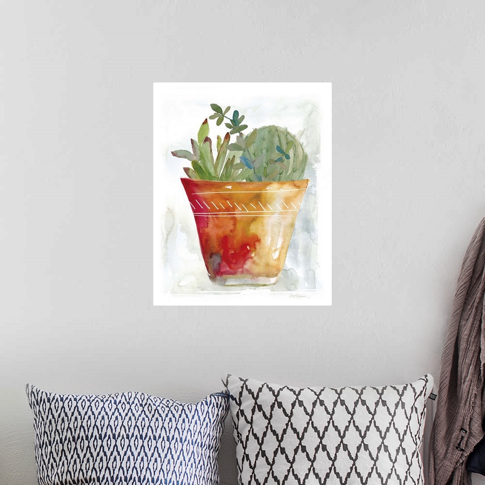 A bohemian room featuring A watercolor painting of a cactus in a terracotta pot.