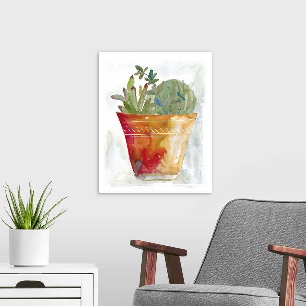 A modern room featuring A watercolor painting of a cactus in a terracotta pot.