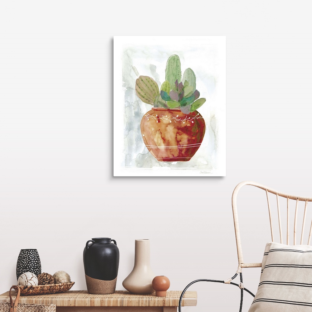 A farmhouse room featuring A watercolor painting of cacti and succulents.