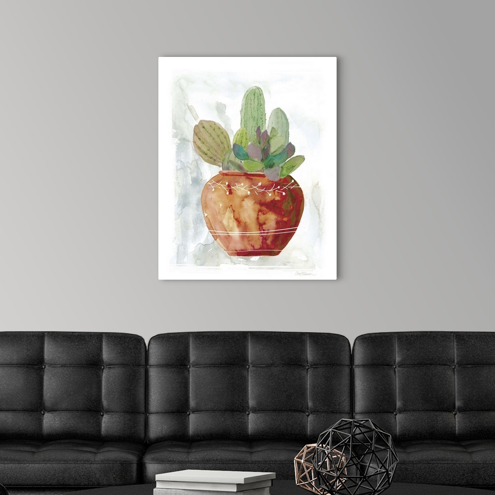 A modern room featuring A watercolor painting of cacti and succulents.