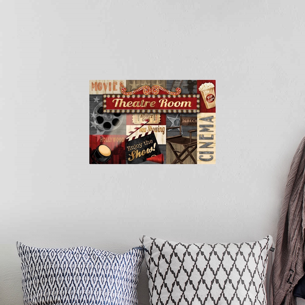 A bohemian room featuring A collage of movie theater themed graphic elements featuring a director's clap board, film reel a...