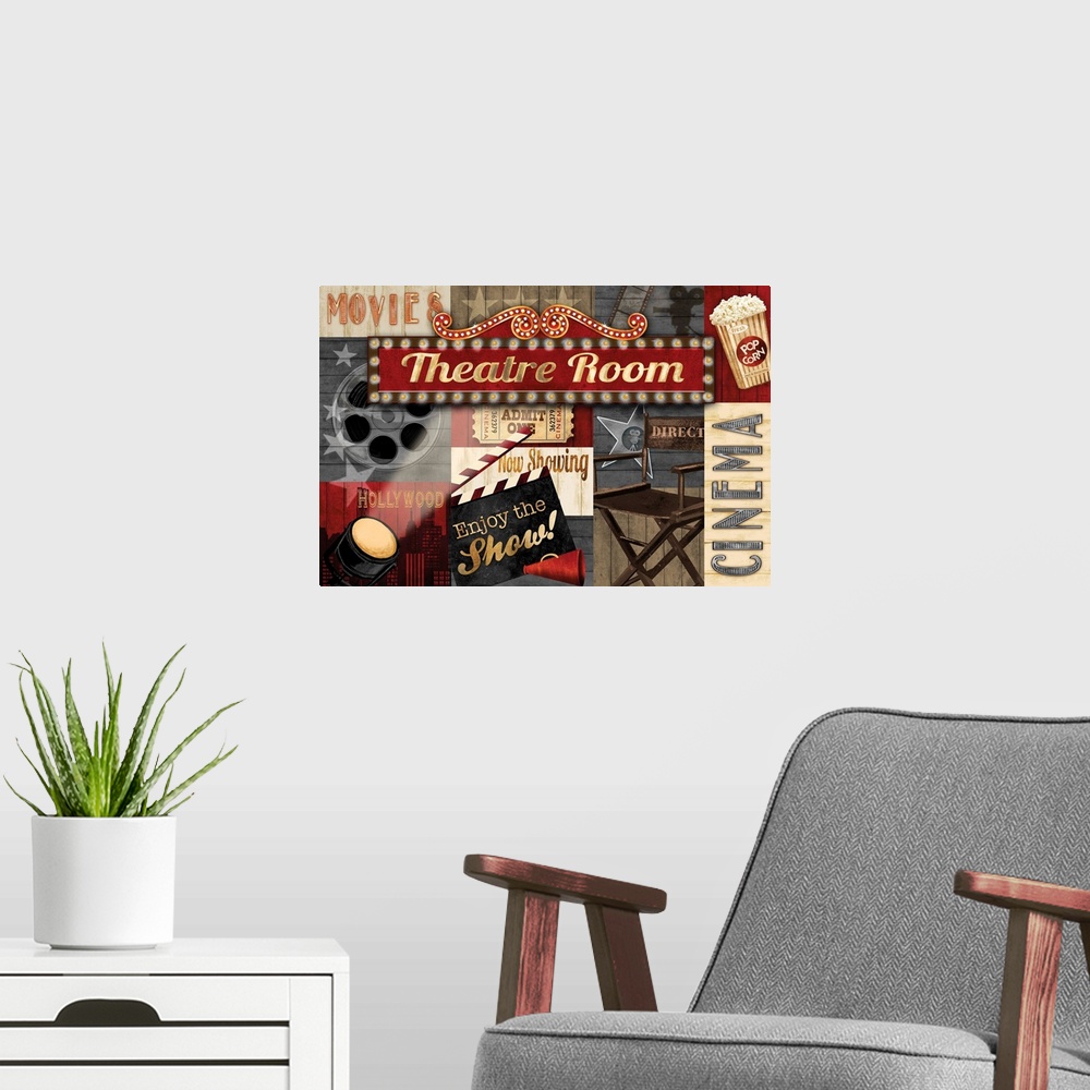 A modern room featuring A collage of movie theater themed graphic elements featuring a director's clap board, film reel a...