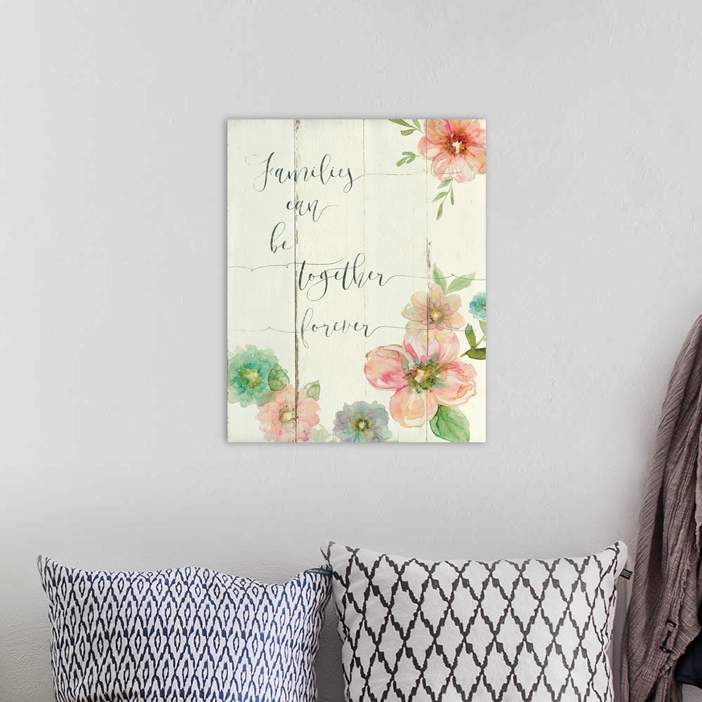 A bohemian room featuring "Family Can Be Together Forever" written on a cream colored faux wooden background with colorful ...