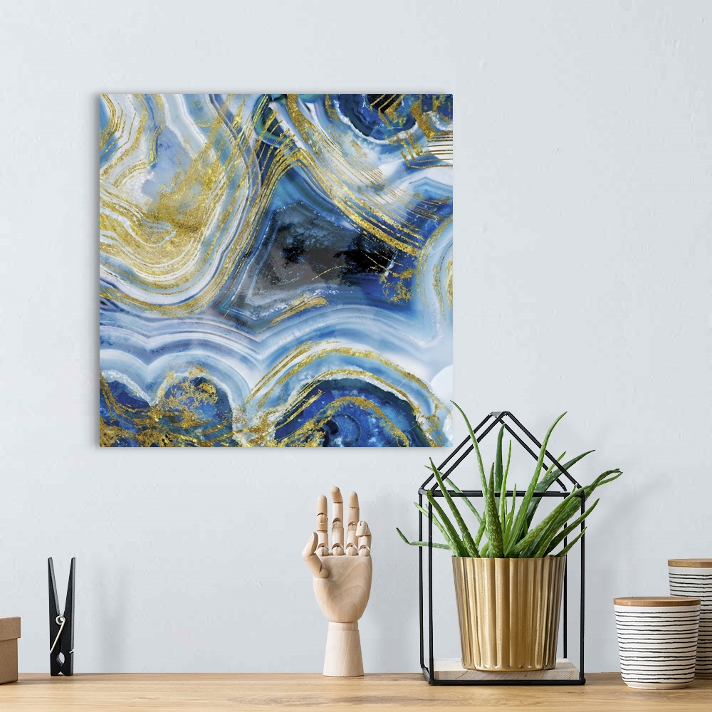 A bohemian room featuring Abstract art of blue agate with gold.