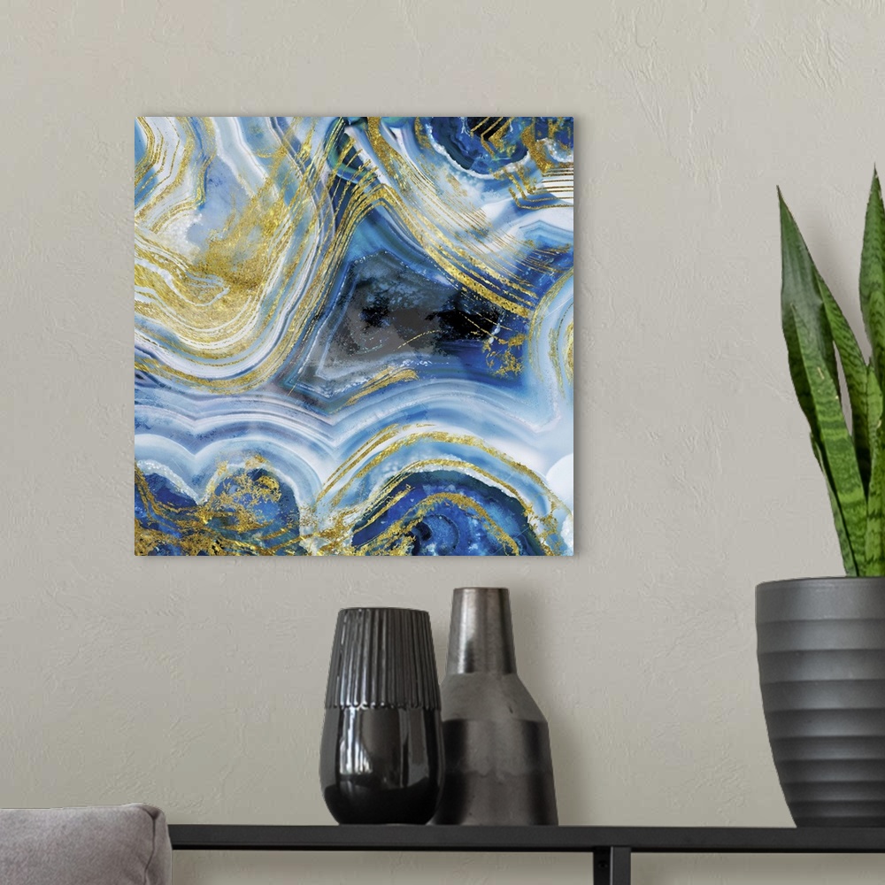 A modern room featuring Abstract art of blue agate with gold.