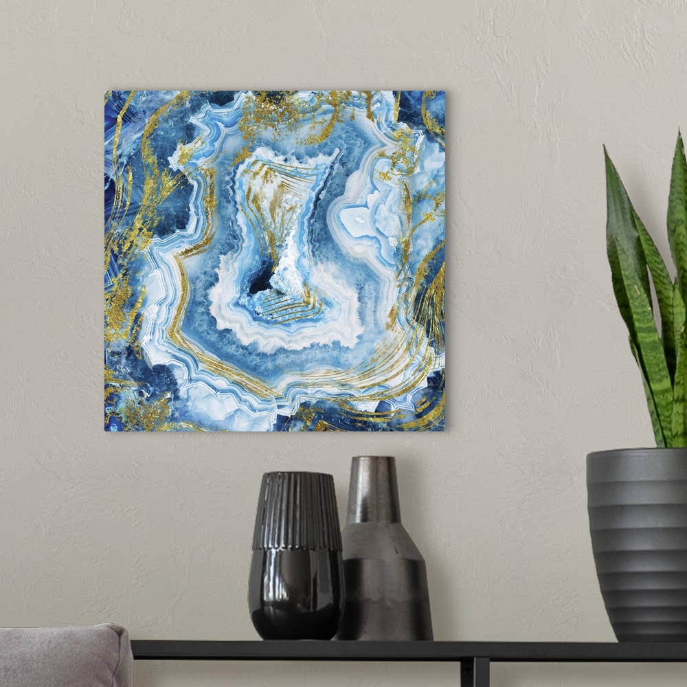 A modern room featuring Abstract art of blue agate with gold.
