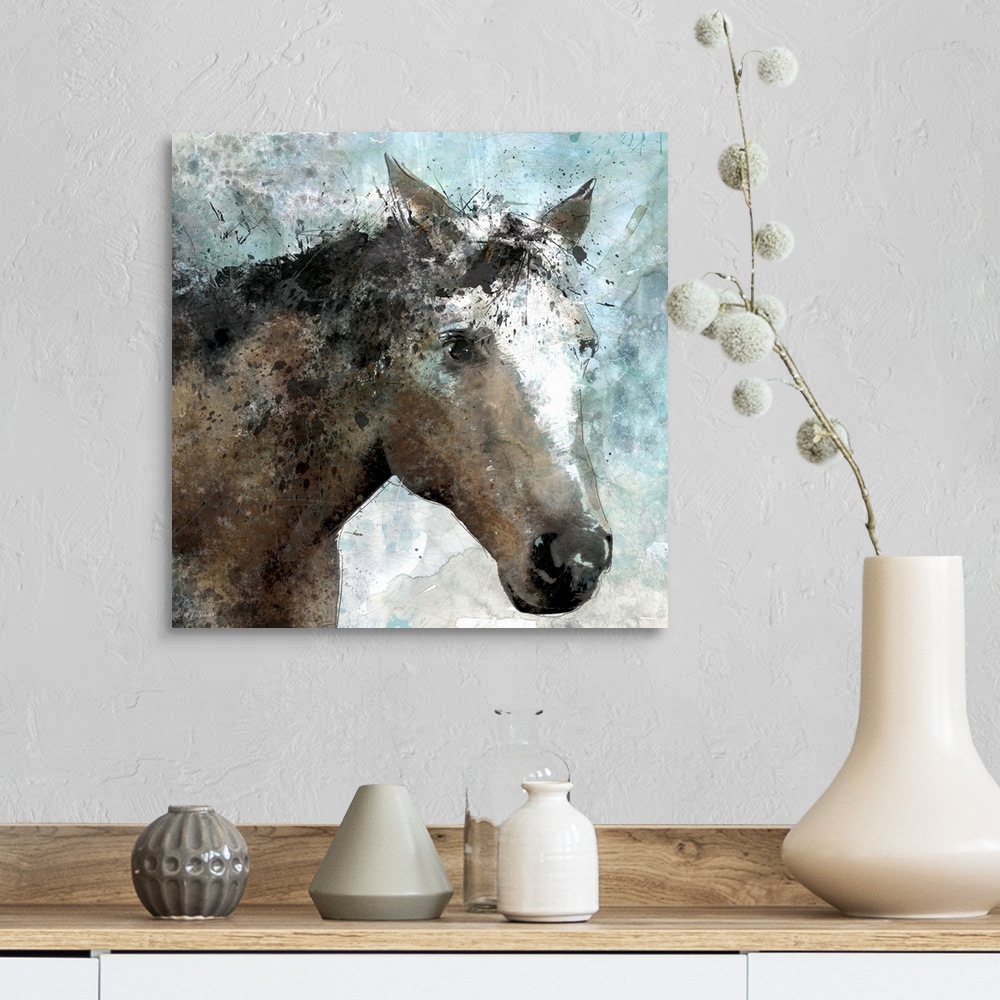 A farmhouse room featuring Portrait of a horse with splashes of aqua and brown shades.