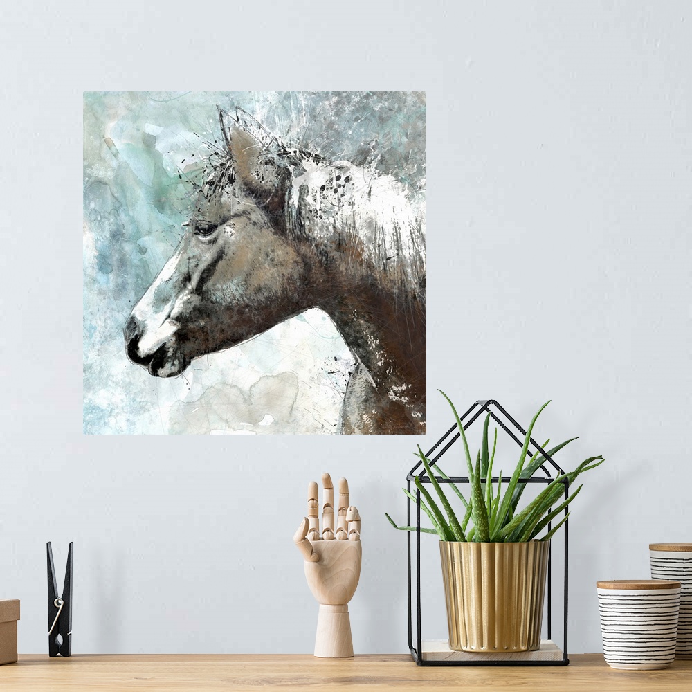 A bohemian room featuring Portrait of a horse with splashes of aqua and brown shades.