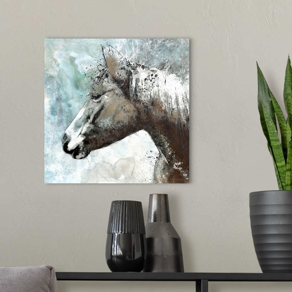 A modern room featuring Portrait of a horse with splashes of aqua and brown shades.