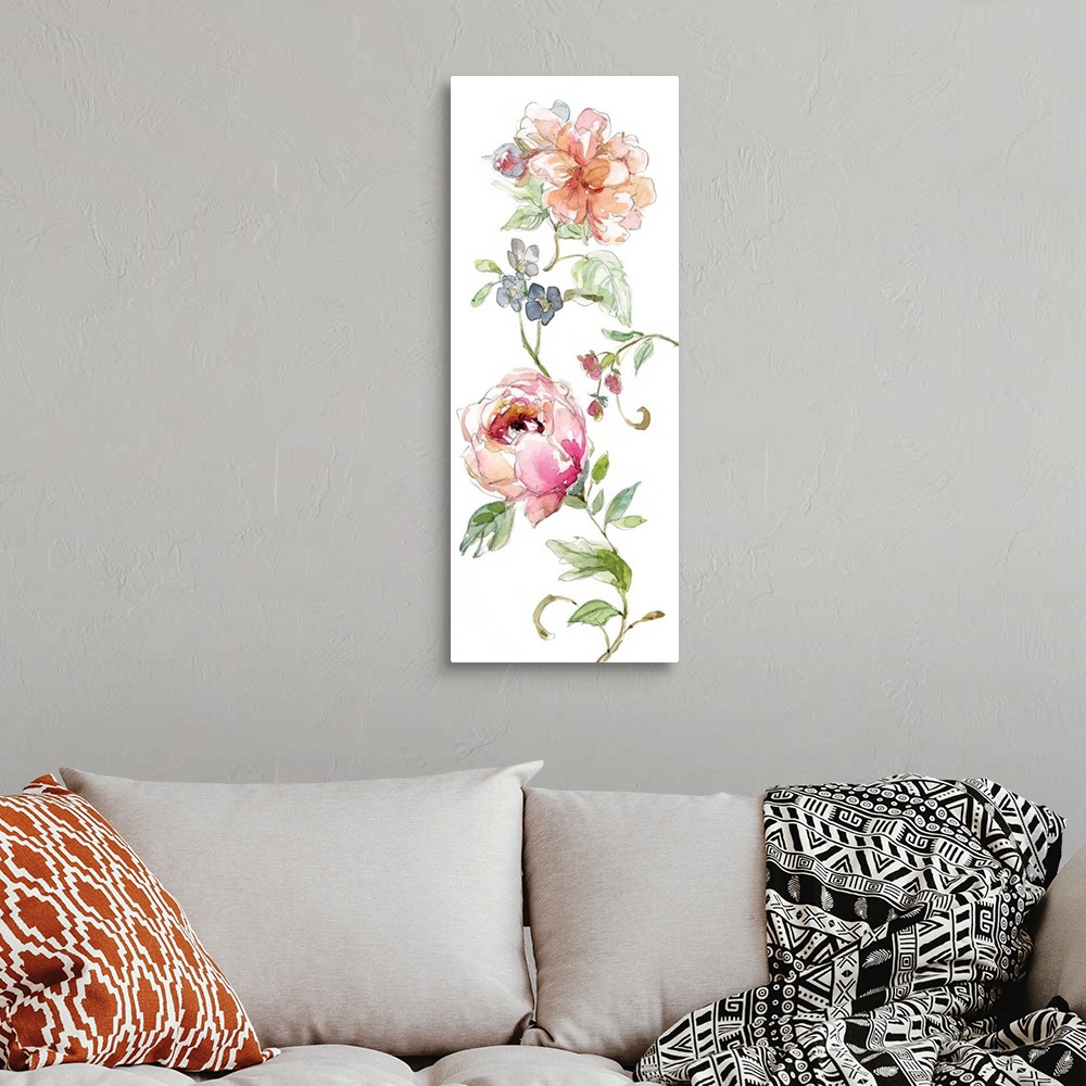 A bohemian room featuring Tall watercolor painting of pink, blue, and orange flowers climbing up the canvas with green stem...