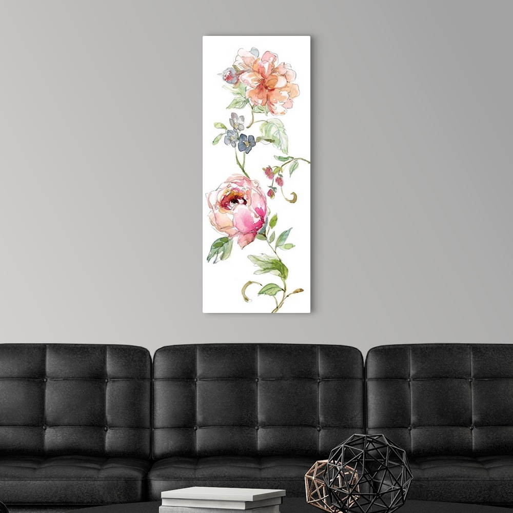 A modern room featuring Tall watercolor painting of pink, blue, and orange flowers climbing up the canvas with green stem...