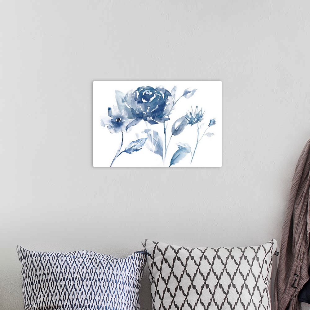 A bohemian room featuring Watercolor painting of indigo flowers on a white background.