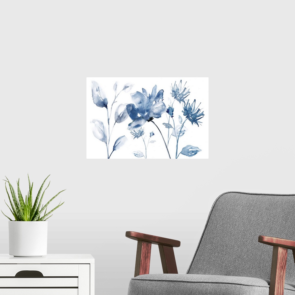 A modern room featuring Watercolor painting of indigo flowers on a white background.