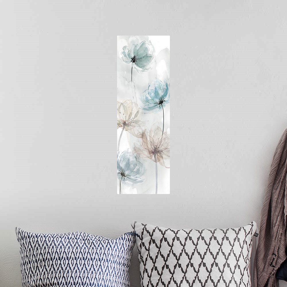 A bohemian room featuring Panel watercolor painting of transparent looking flowers in shades of pink and blue.