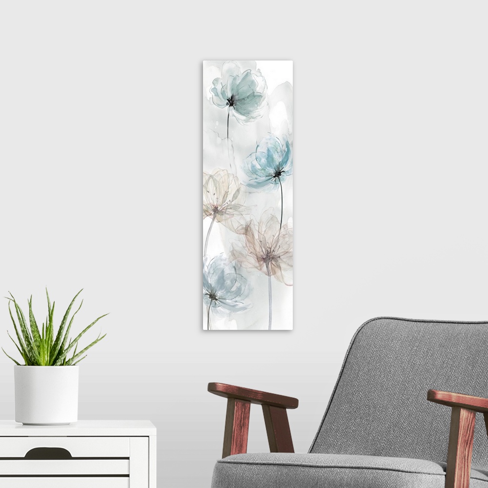 A modern room featuring Panel watercolor painting of transparent looking flowers in shades of pink and blue.