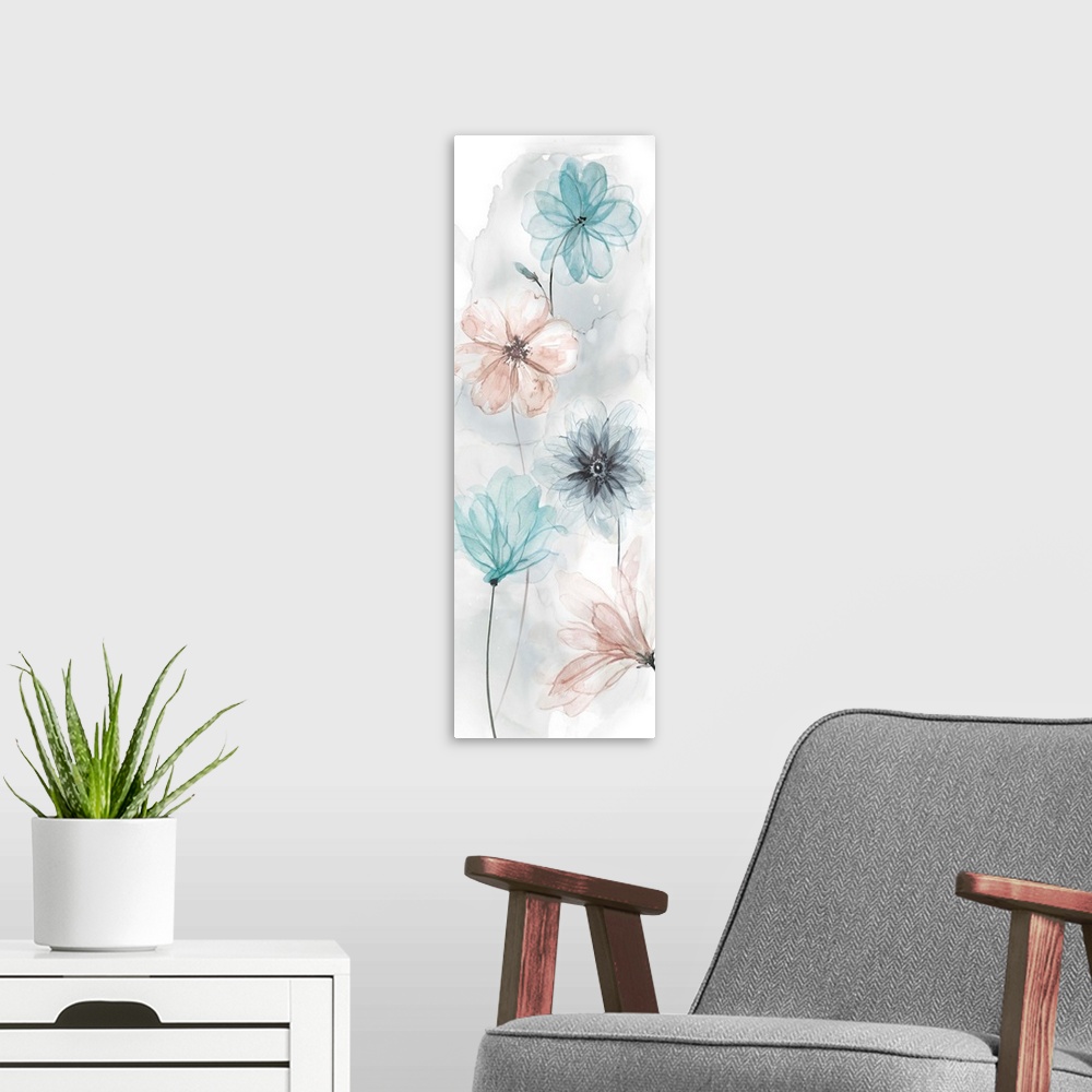 A modern room featuring Panel watercolor painting of transparent looking flowers in shades of pink and blue.