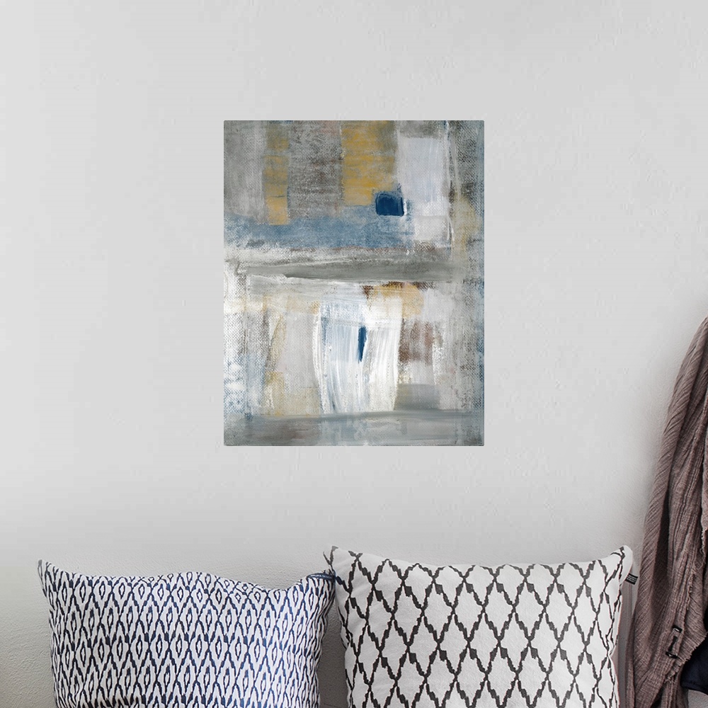A bohemian room featuring Abstract painting of perpendicular brush strokes in colors of blue, white and gray.