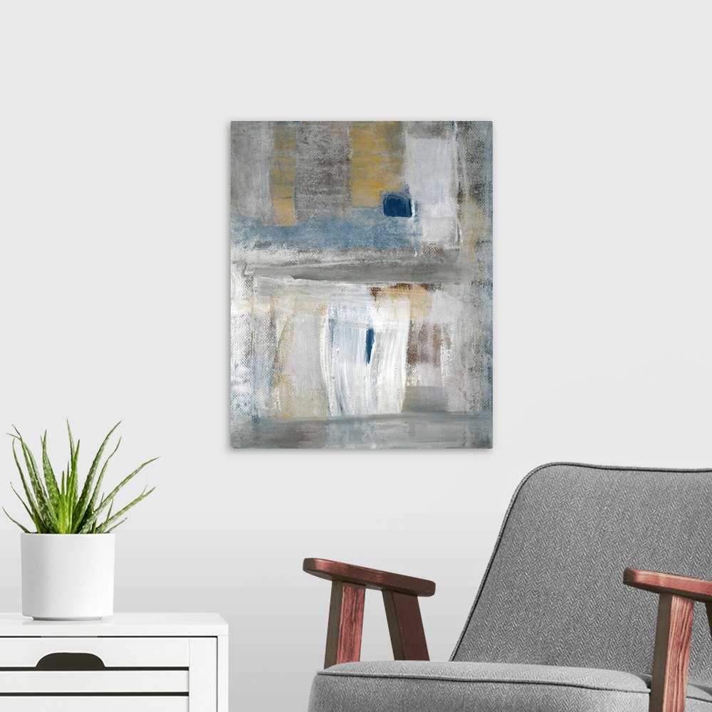 A modern room featuring Abstract painting of perpendicular brush strokes in colors of blue, white and gray.