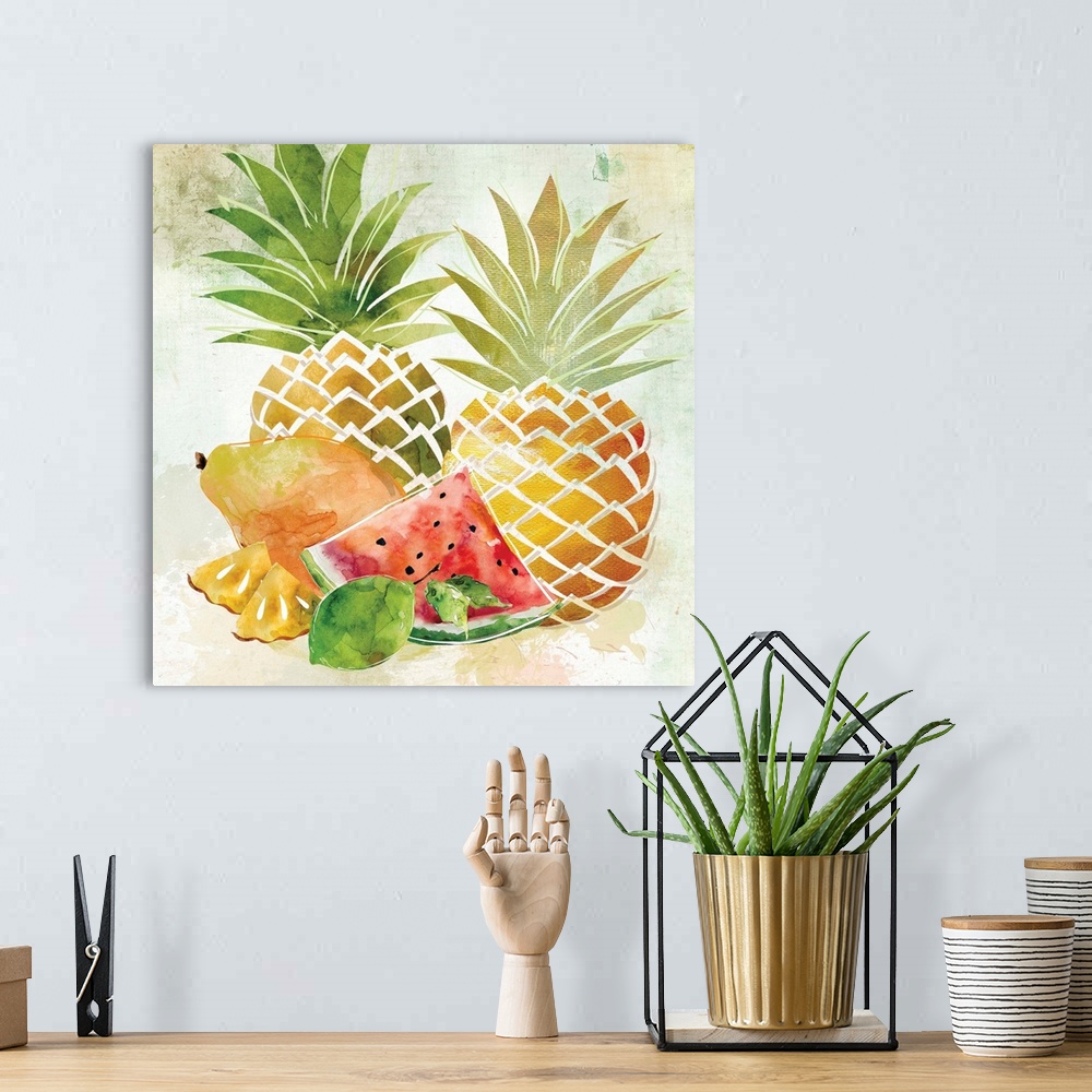 A bohemian room featuring Square decor with illustrations of tropical fruit such as pineapple, watermelon, and mango.
