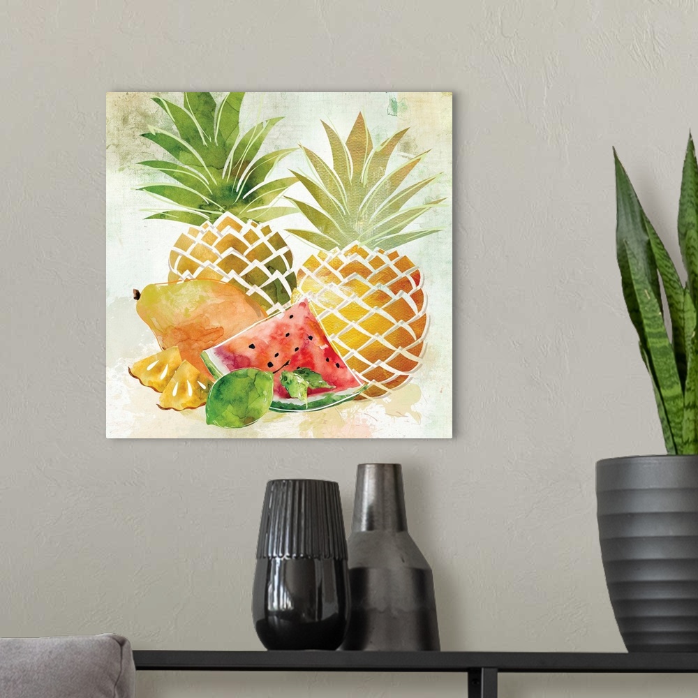 A modern room featuring Square decor with illustrations of tropical fruit such as pineapple, watermelon, and mango.