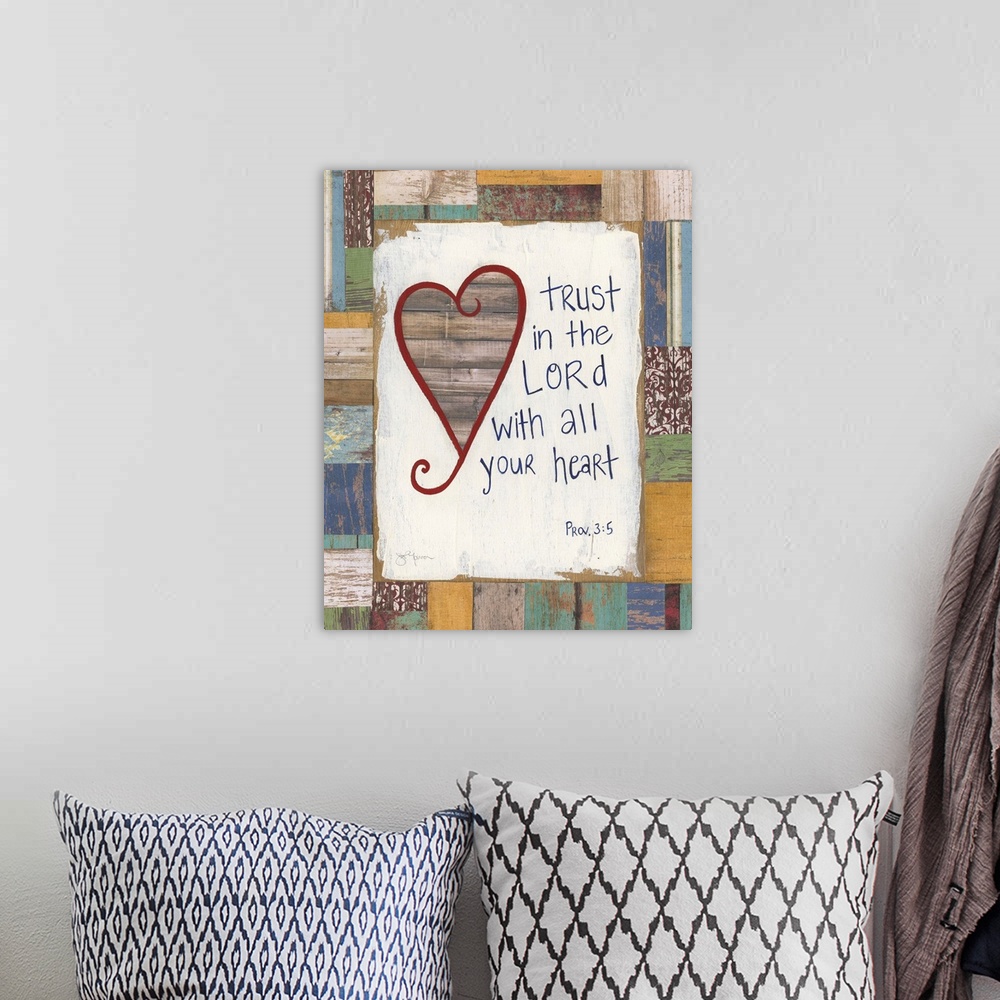A bohemian room featuring The verse from Proverbs 3:5 painted on a multicolored wood background with a red outlined wooden ...