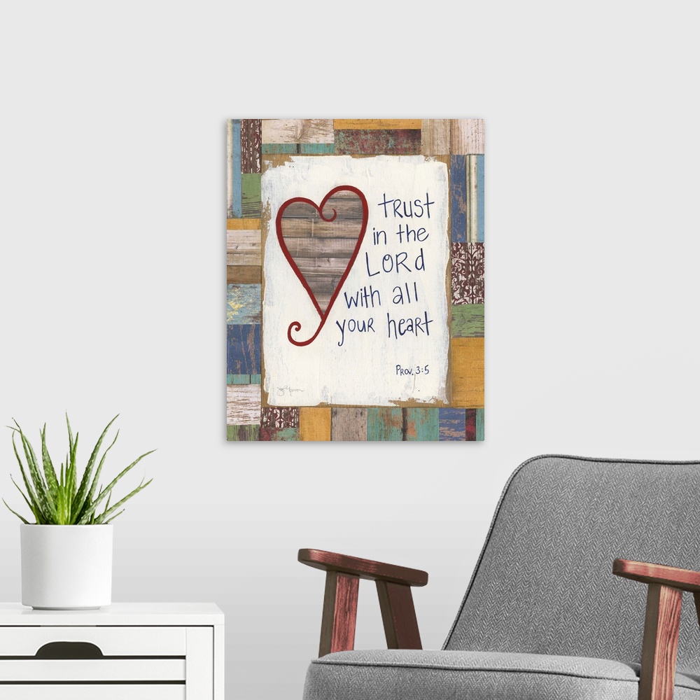 A modern room featuring The verse from Proverbs 3:5 painted on a multicolored wood background with a red outlined wooden ...