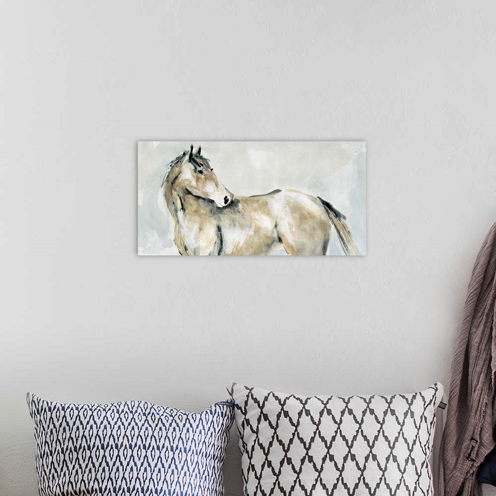 A bohemian room featuring Dry brushstrokes in subdued colors illustrate a horse turning to look behind in this painting.