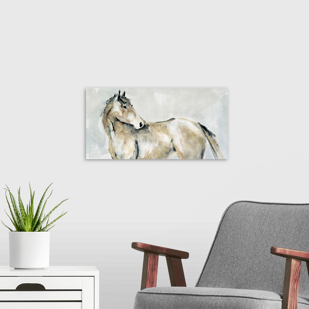 A modern room featuring Dry brushstrokes in subdued colors illustrate a horse turning to look behind in this painting.