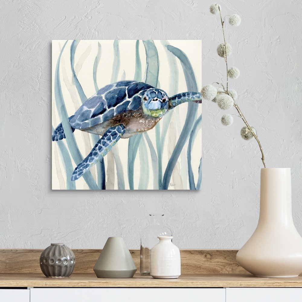 A farmhouse room featuring Square watercolor painting of a sea turtle  swimming through seagrass in shades of blue.